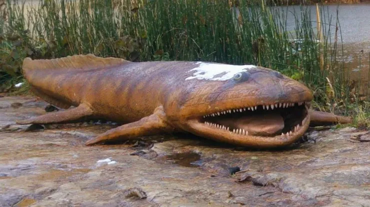 Tetrapod z Zachełmia, przyprószony śniegiem model w JuraParku Bałtów. Fot. Crazy Nauka